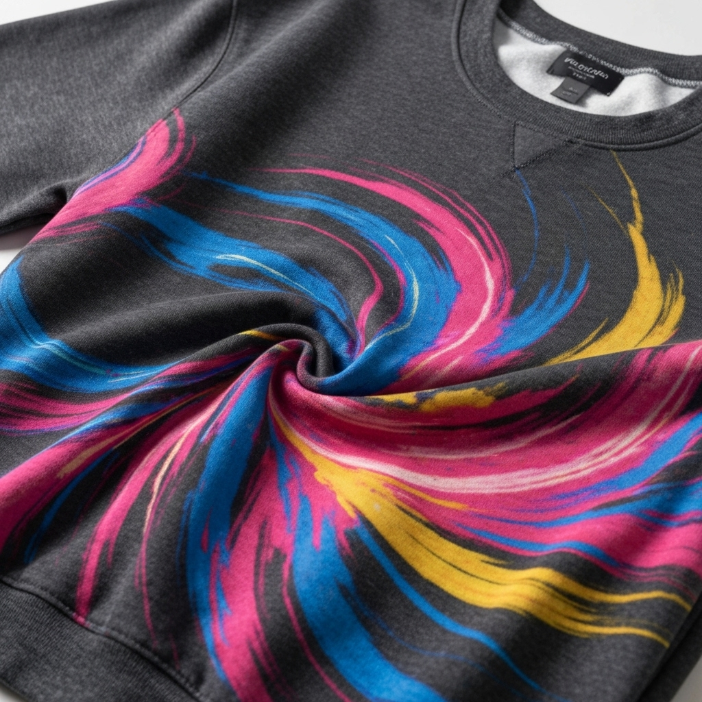 Una comoda felpa scura con una stampa astratta dinamica e vivace.