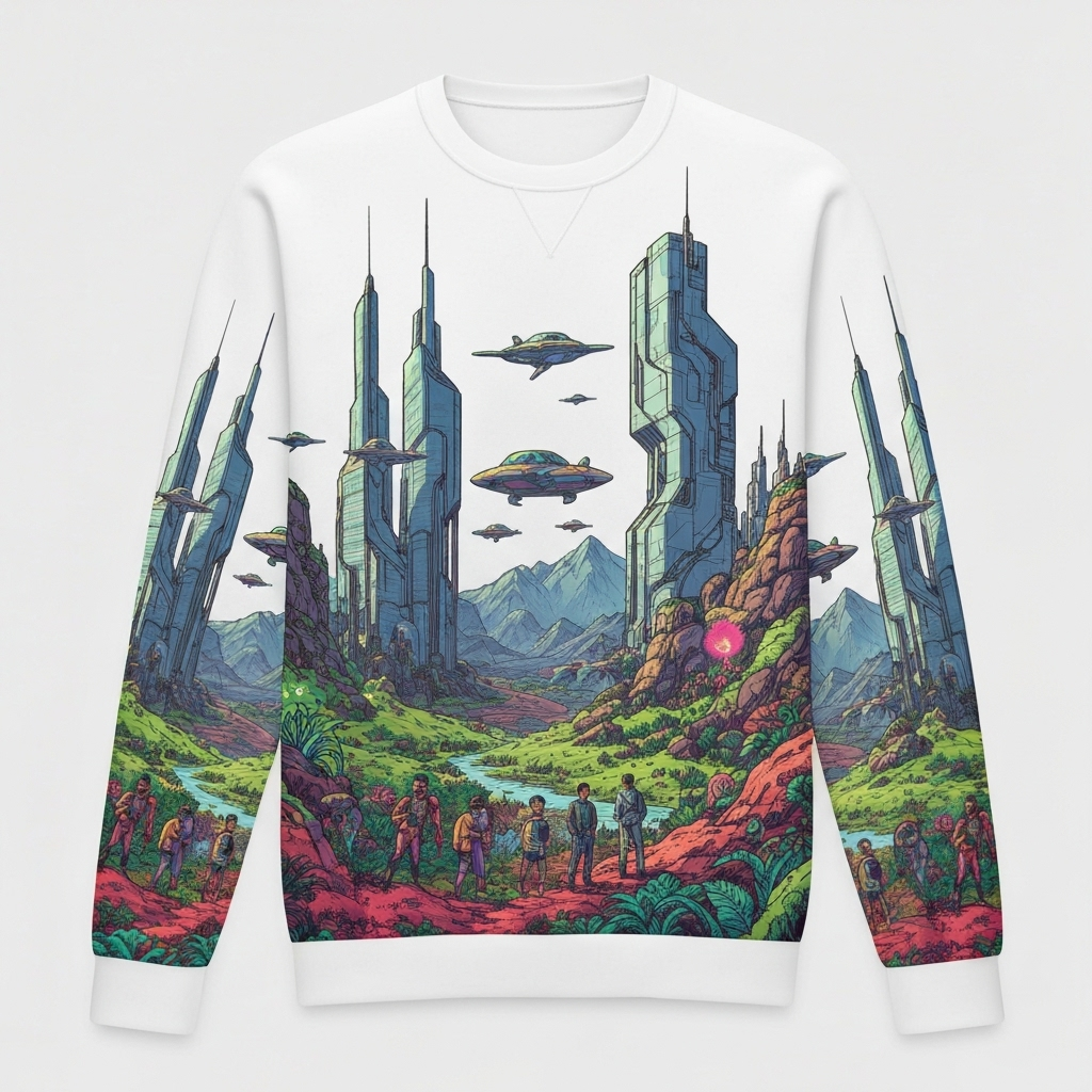 Una felpa bianca con una stampa vivace e colorata di un paesaggio futuristico.